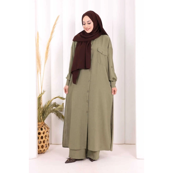 Keten Düğmeli Tunik Pantolon Takım 8015 Haki