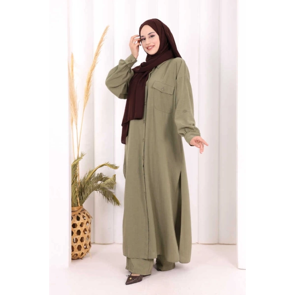 Keten Düğmeli Tunik Pantolon Takım 8015 Haki