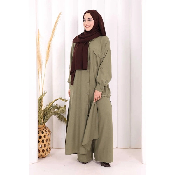 Keten Düğmeli Tunik Pantolon Takım 8015 Haki