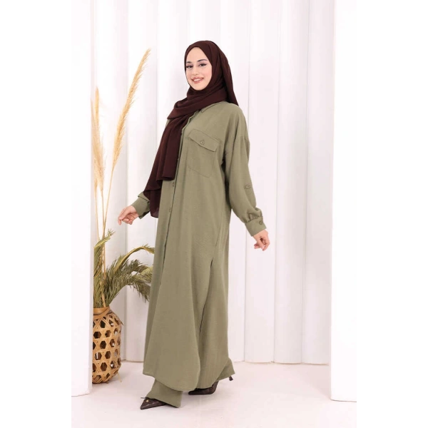 Keten Düğmeli Tunik Pantolon Takım 8015 Haki