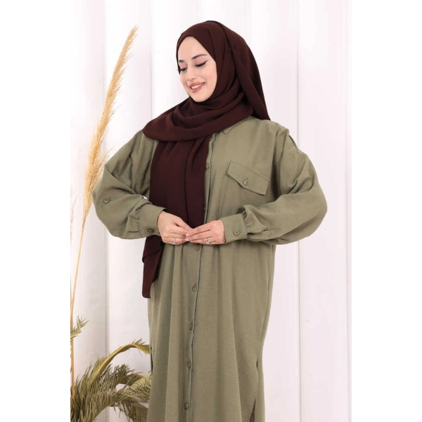 Keten Düğmeli Tunik Pantolon Takım 8015 Haki