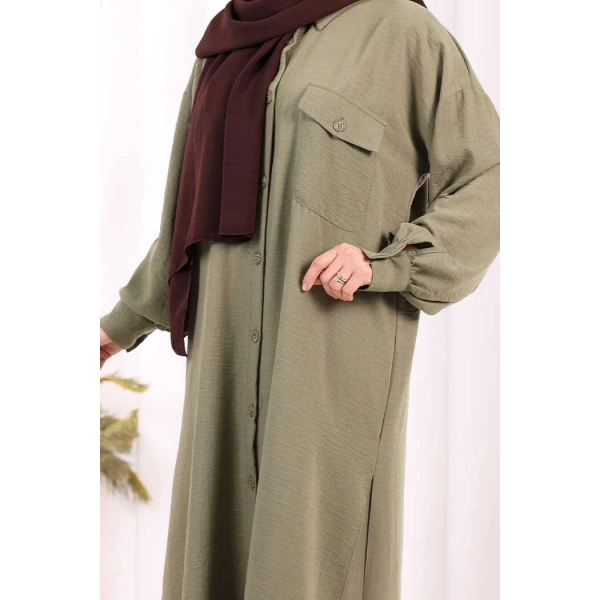 Keten Düğmeli Tunik Pantolon Takım 8015 Haki