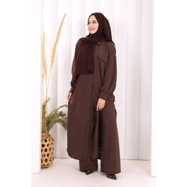 Keten Düğmeli Tunik Pantolon Takım 8015 Kahverengi