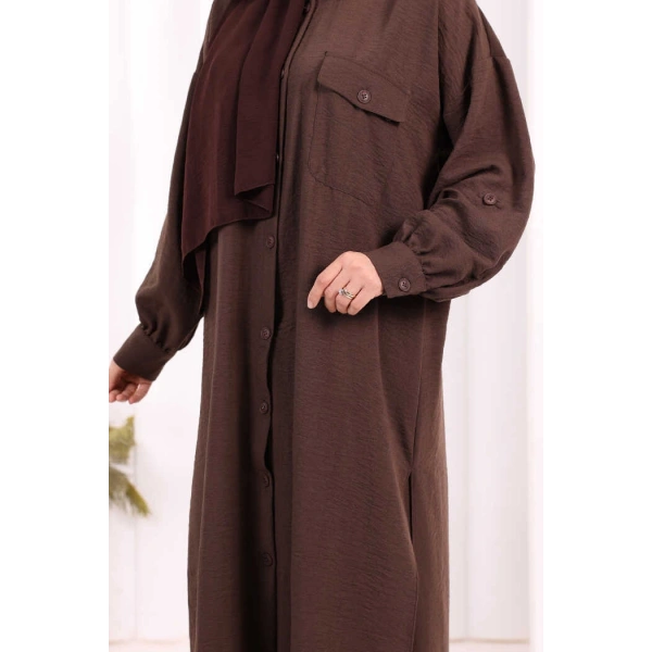 Keten Düğmeli Tunik Pantolon Takım 8015 Kahverengi