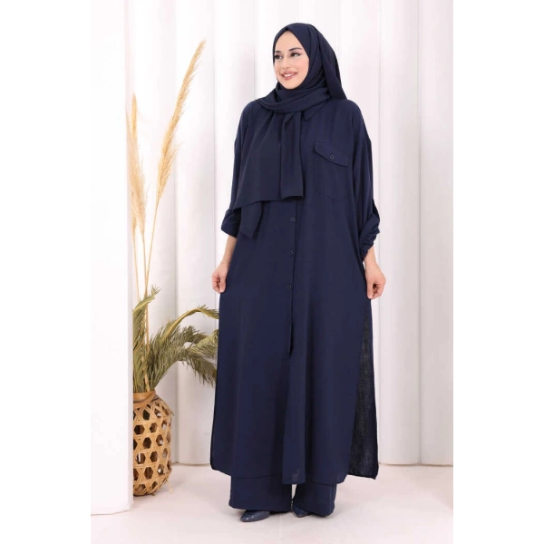 Keten Düğmeli Tunik Pantolon Takım 8015 Lacivert
