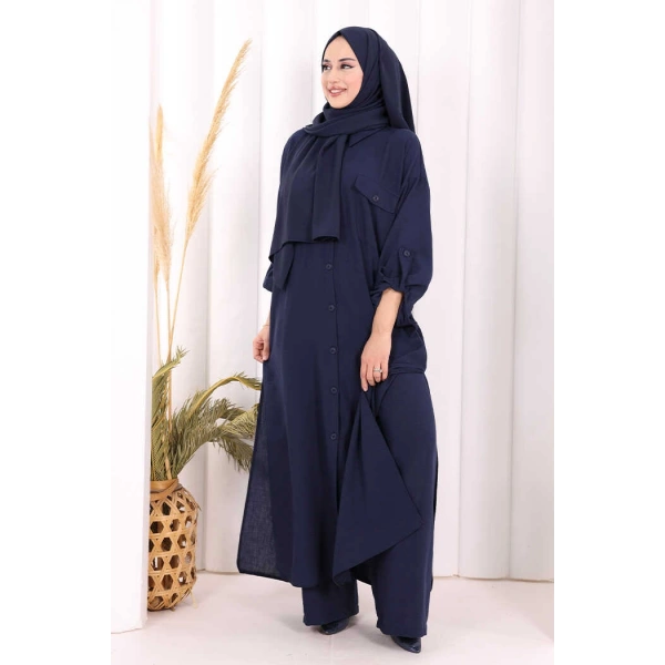 Keten Düğmeli Tunik Pantolon Takım 8015 Lacivert