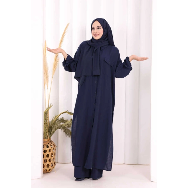 Keten Düğmeli Tunik Pantolon Takım 8015 Lacivert