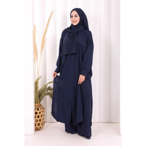Keten Düğmeli Tunik Pantolon Takım 8015 Lacivert