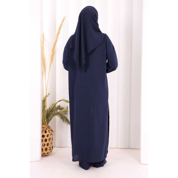 Keten Düğmeli Tunik Pantolon Takım 8015 Lacivert
