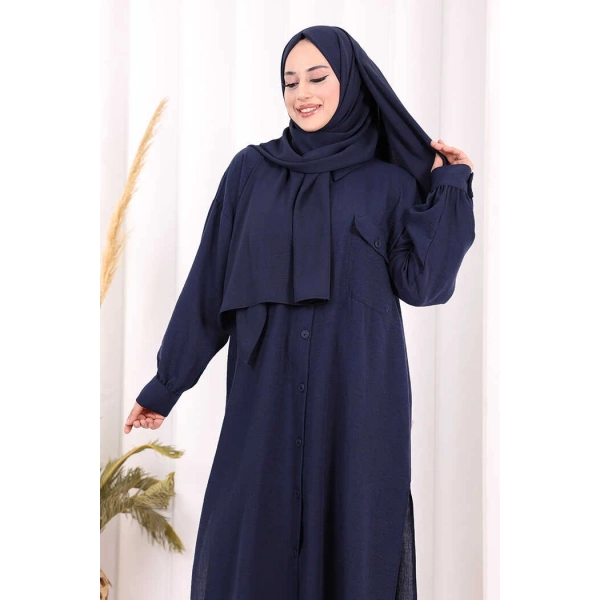 Keten Düğmeli Tunik Pantolon Takım 8015 Lacivert