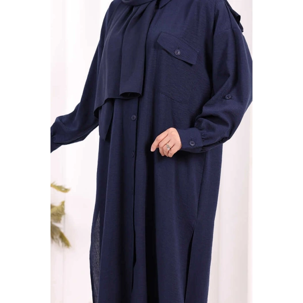 Keten Düğmeli Tunik Pantolon Takım 8015 Lacivert