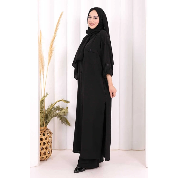 Keten Düğmeli Tunik Pantolon Takım 8015 Siyah