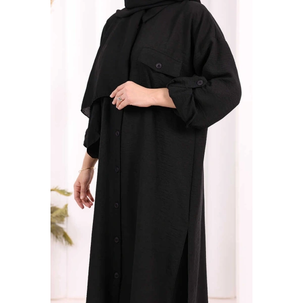 Keten Düğmeli Tunik Pantolon Takım 8015 Siyah