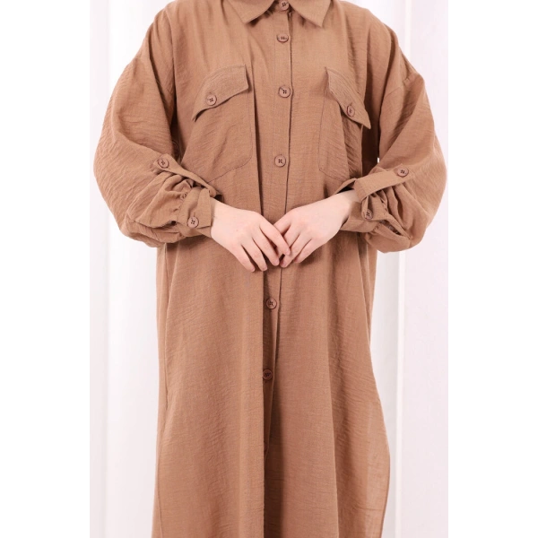 Keten Düğmeli Tunik Pantolon Takım 8015 Taba