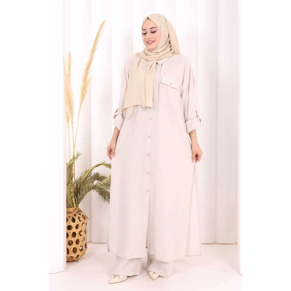 Keten Düğmeli Tunik Pantolon Takım 8015 Taş