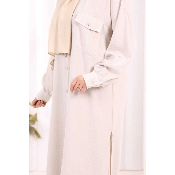 Keten Düğmeli Tunik Pantolon Takım 8015 Taş
