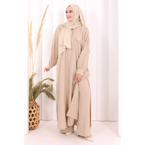 Keten Düğmeli Tunik Pantolon Takım 8015 Vizon