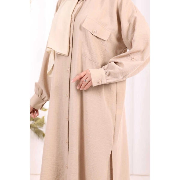 Keten Düğmeli Tunik Pantolon Takım 8015 Vizon