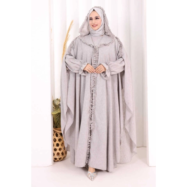 Keten Pelerinli Elbise Abaya Takım 8021 Açık Gri