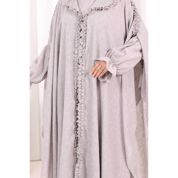 Keten Pelerinli Elbise Abaya Takım 8021 Açık Gri