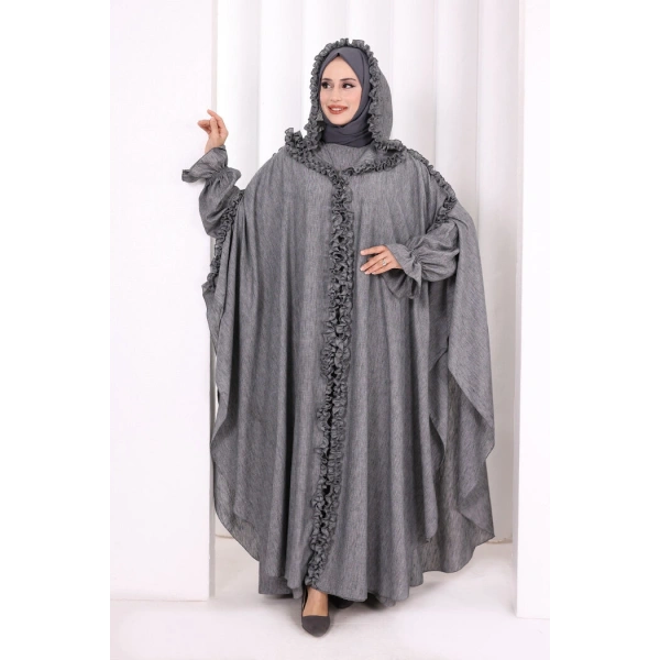 Keten Pelerinli Elbise Abaya Takım 8021 Antrasit