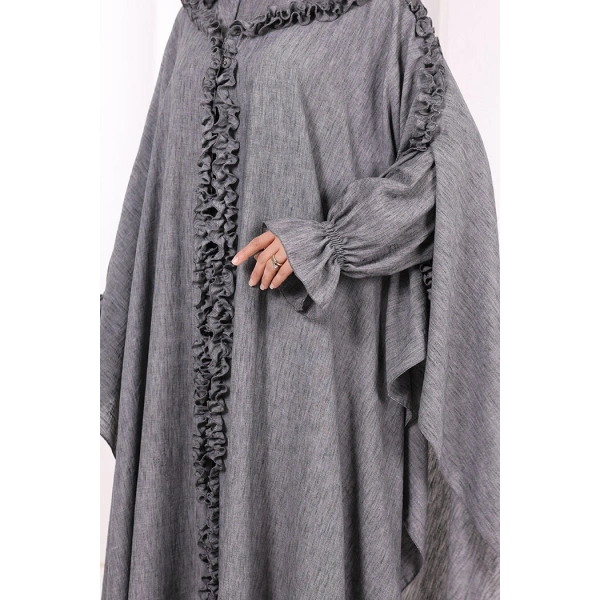 Keten Pelerinli Elbise Abaya Takım 8021 Antrasit