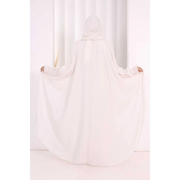 Keten Pelerinli Elbise Abaya Takım 8021 Ekru