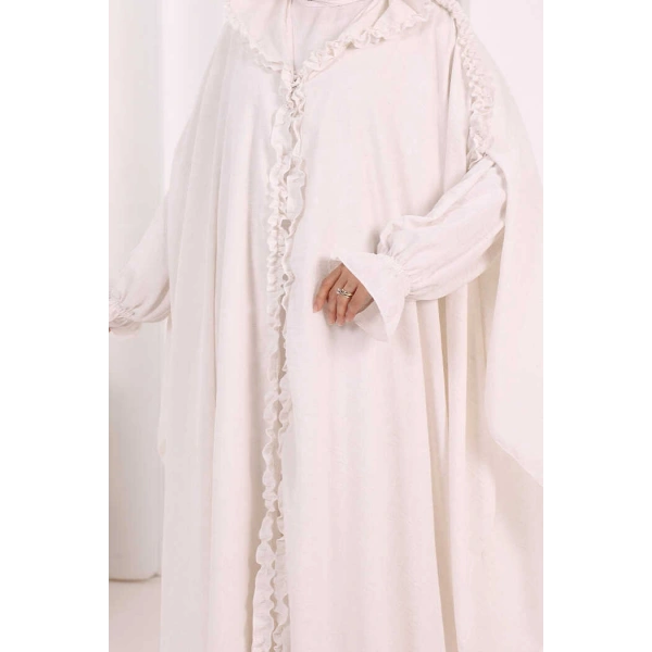 Keten Pelerinli Elbise Abaya Takım 8021 Ekru