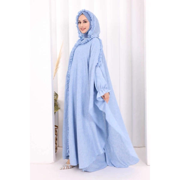 Keten Pelerinli Elbise Abaya Takım 8021 Mavi