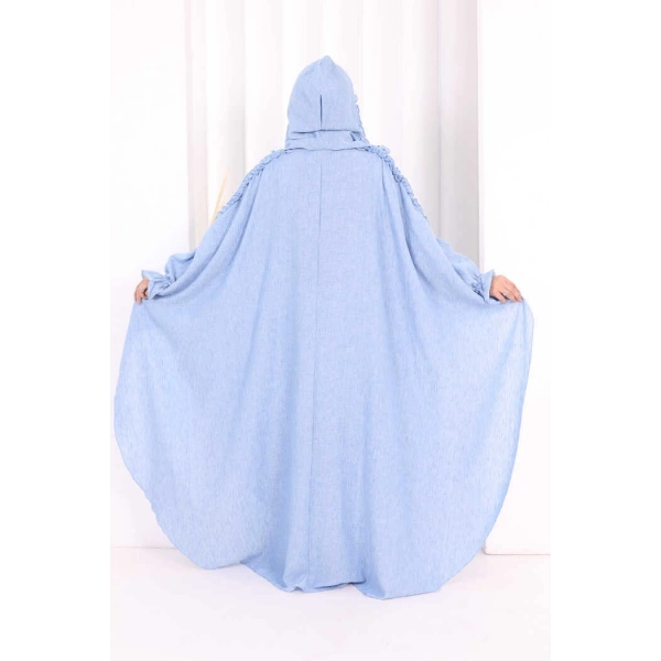Keten Pelerinli Elbise Abaya Takım 8021 Mavi