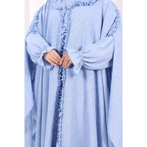 Keten Pelerinli Elbise Abaya Takım 8021 Mavi