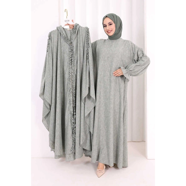 Keten Pelerinli Elbise Abaya Takım 8021 Mint
