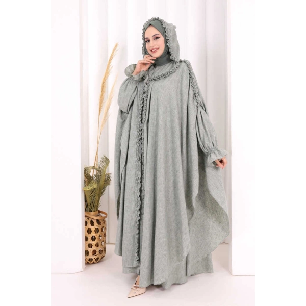 Keten Pelerinli Elbise Abaya Takım 8021 Mint