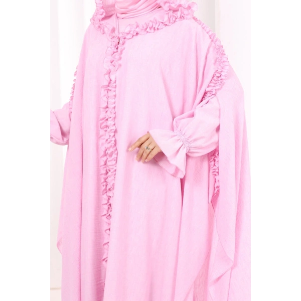 Keten Pelerinli Elbise Abaya Takım 8021 Pembe