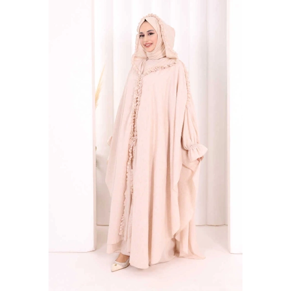 Keten Pelerinli Elbise Abaya Takım 8021 Taş