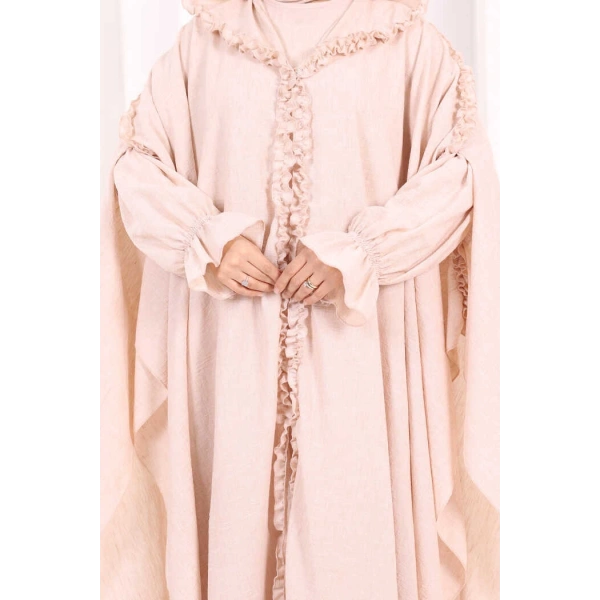 Keten Pelerinli Elbise Abaya Takım 8021 Taş