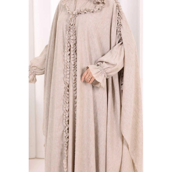 Keten Pelerinli Elbise Abaya Takım 8021 Vizon