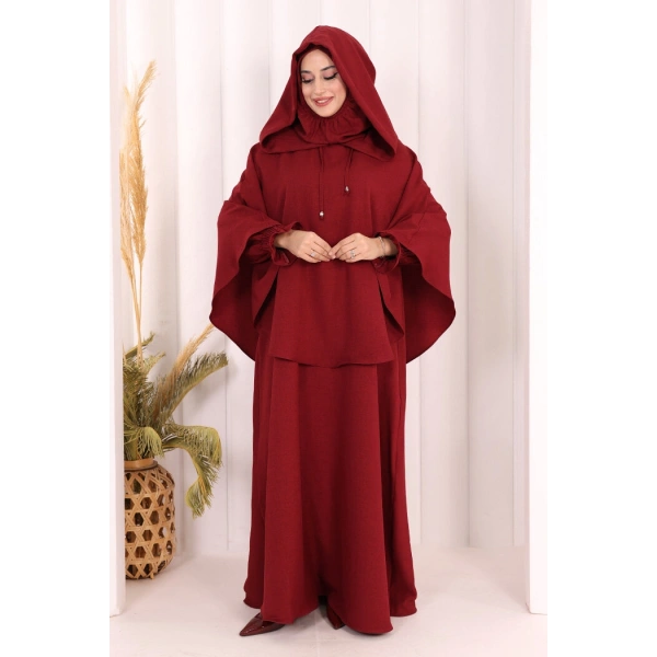 Keten Sufleli Elbise Takım 6067 Bordo