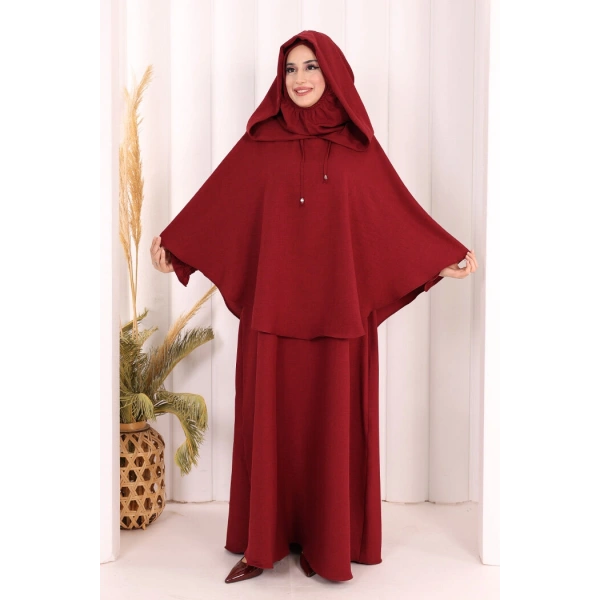 Keten Sufleli Elbise Takım 6067 Bordo