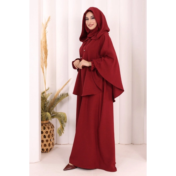 Keten Sufleli Elbise Takım 6067 Bordo