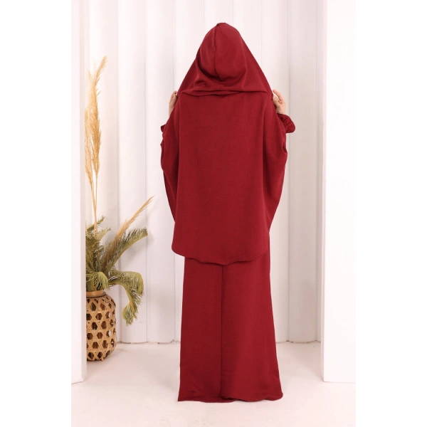 Keten Sufleli Elbise Takım 6067 Bordo