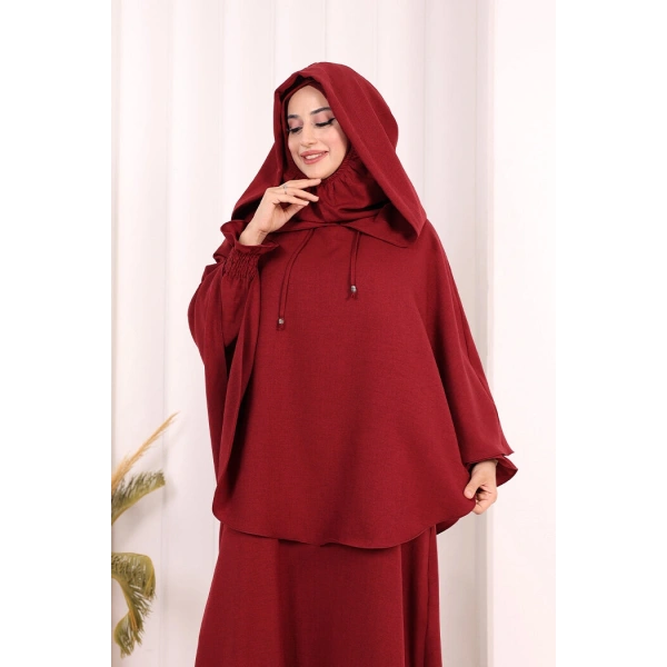Keten Sufleli Elbise Takım 6067 Bordo