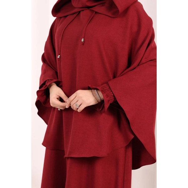 Keten Sufleli Elbise Takım 6067 Bordo
