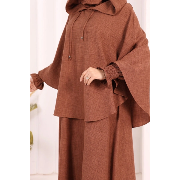 Keten Sufleli Elbise Takım 6067 Taba