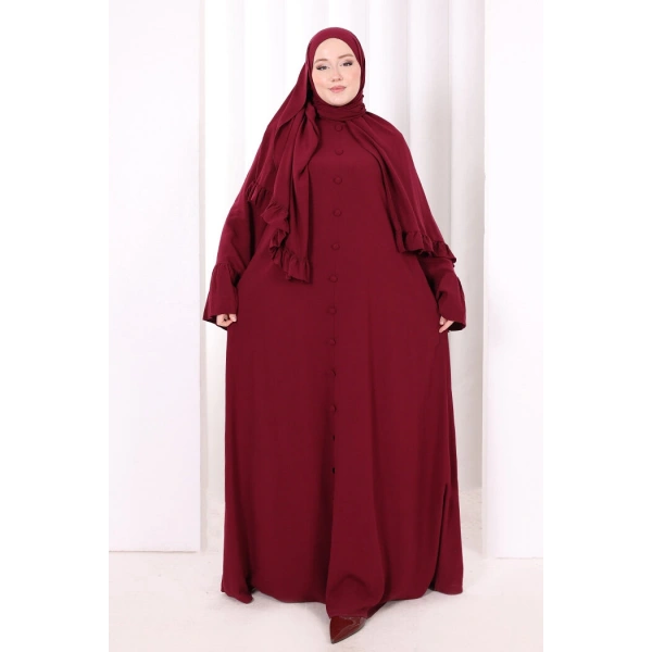 Kol Fırfır Detay Elbise Şal Hediye! 6073 Bordo