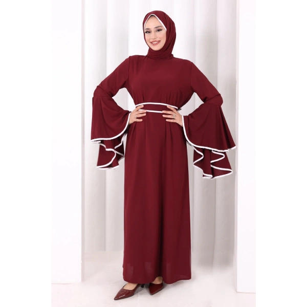 Kol Fırfır Şerit Detaylı Şallı Elbise 6084 Mürdüm