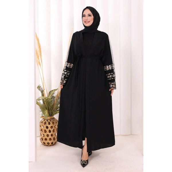 Kol İşlemeli Bel Kuşaklı Abaya 7814 Siyah