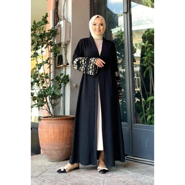 Kol İşlemeli Bel Kuşaklı Abaya 7814 Siyah