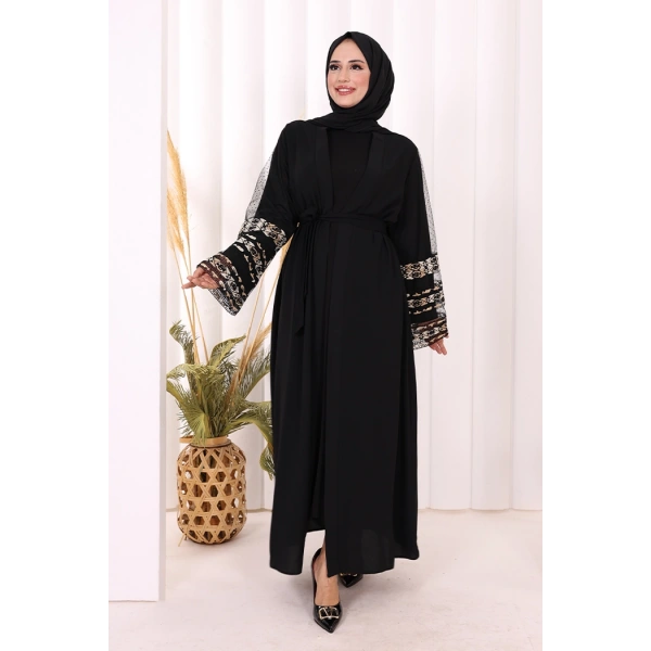 Kol İşlemeli Bel Kuşaklı Abaya 7814 Siyah