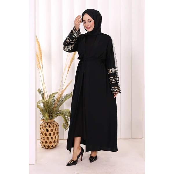Kol İşlemeli Bel Kuşaklı Abaya 7814 Siyah
